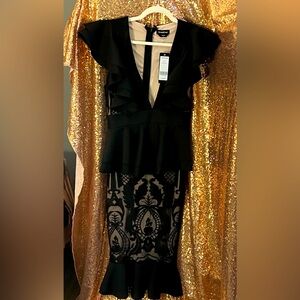 Bebe Ruffle Peplum Lace Pencil dress size Small Jet Black/Nude